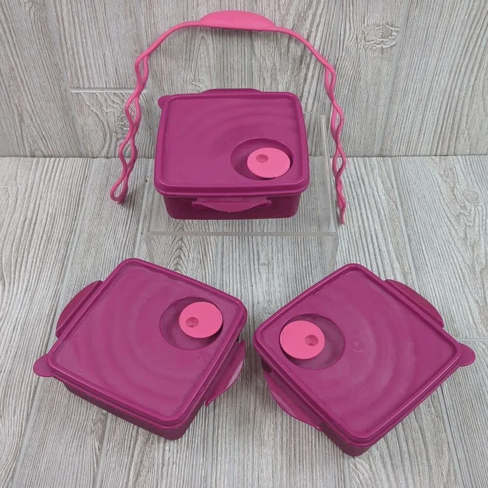 Vintage Tupperware Set of 3 Stackable Square Containers with Cariolier Pink